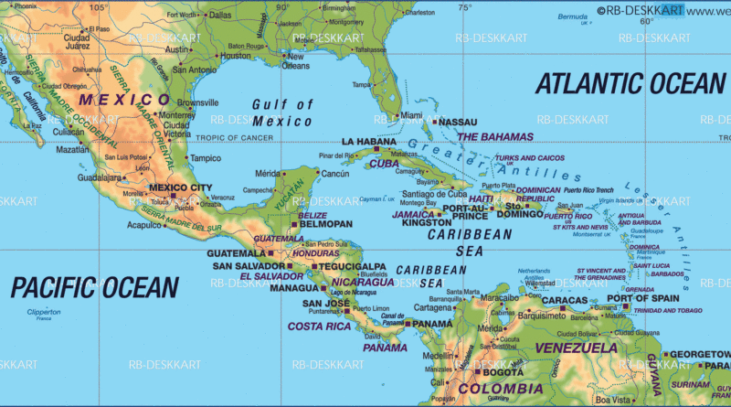 a map showing jamaica surrounded by the caribbean sea