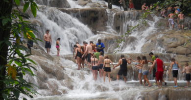 tourists climbing the dunns river fall